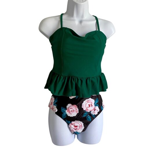 Two Piece Floral Swimsuit Green Peplum Top High-Waisted Rose Print Bottom M NEW - Picture 3 of 9